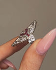 OF REASONS TO HAVE A SHIELDED HEART, I HAVE MANY // VINTAGE DIAMOND AND RUBY NAVETTE RING WITH BEAUTIFUL FINGER COVERAGE