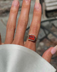 THIS FIRE INSIDE OF ME, YOU COULDN'T HOLD IT IF YOU TRIED // 18K GOLD FIRE OPAL EMERALD CUT RING