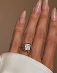 HER NAME WAS FRANCES AND YOU COULD ALWAYS FIND HER AMONGST THE FLOWERS // 2.24CT ASSCHER DIAMOND AND RUBY HALO RING
