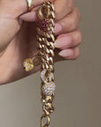 IF YOU COULD, WHY WOULDN'T YOU // 18K GOLD CURB LINK BRACELET ANKLET WITH RUBY SAPPHIRE AND DIAMOND HEART CHARMS